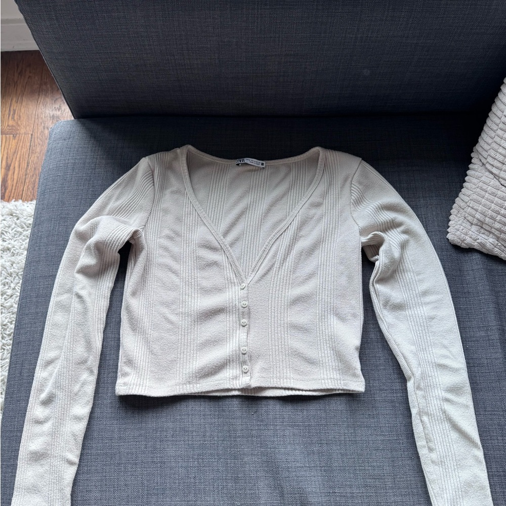 Zara Cream Button-Down Ribbed Top